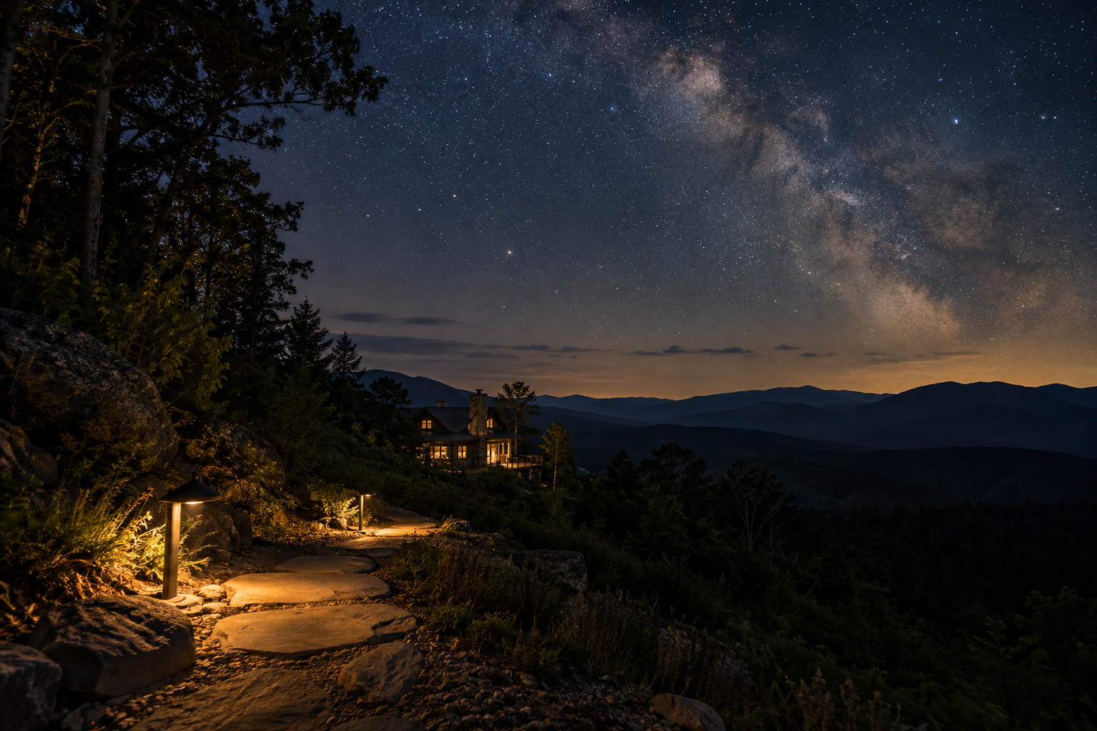 Warm shielded path lights beneath a star-filled mountain sky