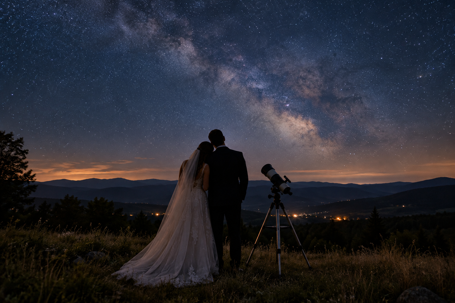 AI-generated concept of a wedding couple and telescope beneath the stars
